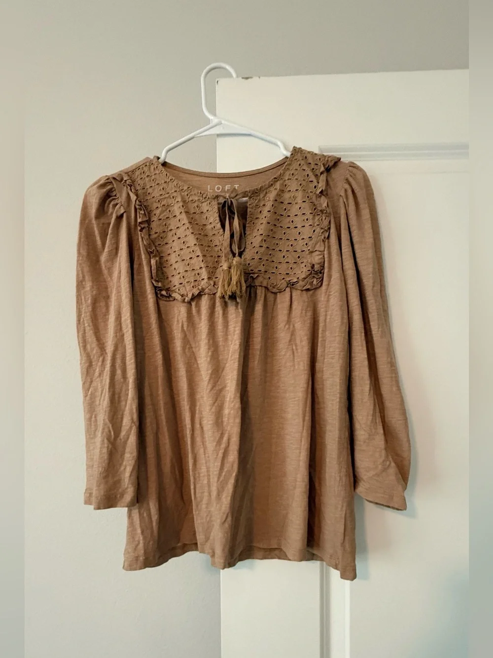 LOFT Brown Eyelet Yoke Peasant Blouse